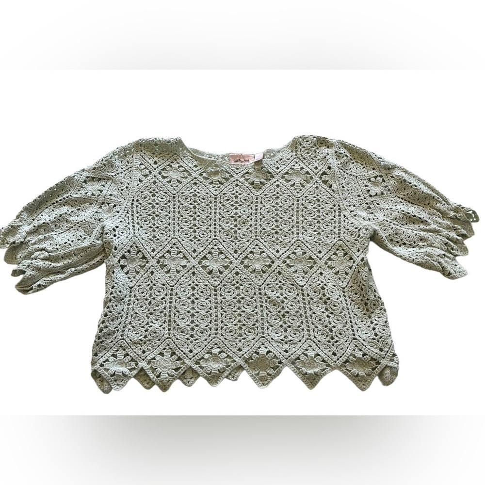 Crochet Lace Puff Sleeve Top - Sage Green